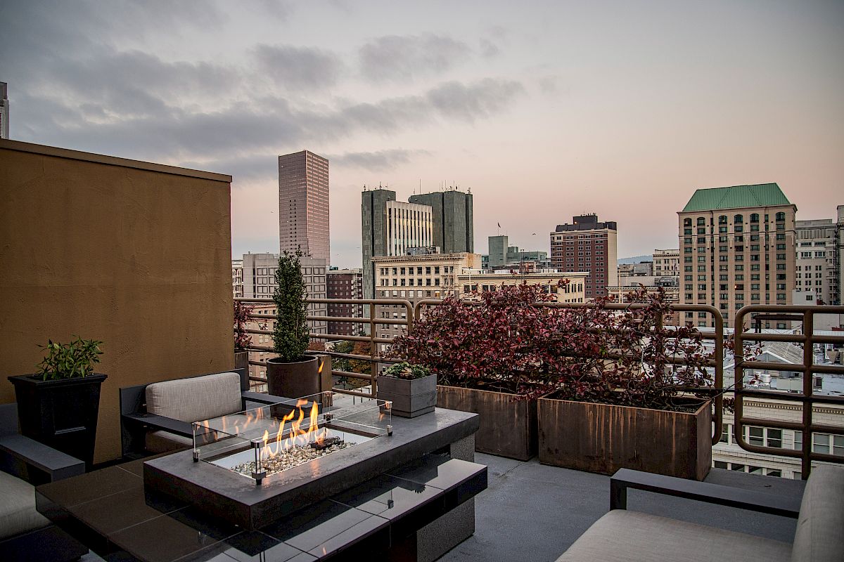 A rooftop lounge features a fire pit, comfortable seating, and potted plants against a city skyline backdrop at dusk.