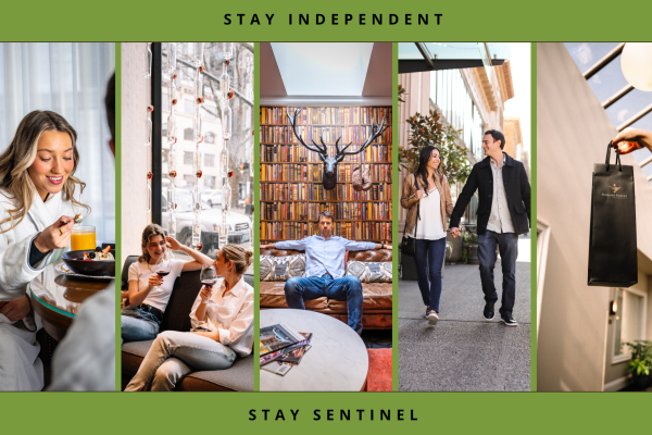 The image features five sections: people dining, a cozy library, a couple walking, and a person holding a shopping bag.