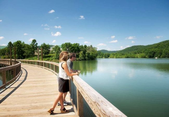 A couple stands on a wooden boardwalk overlooking a serene lake surrounded by lush green trees and hills under a clear blue sky with a few clouds.
