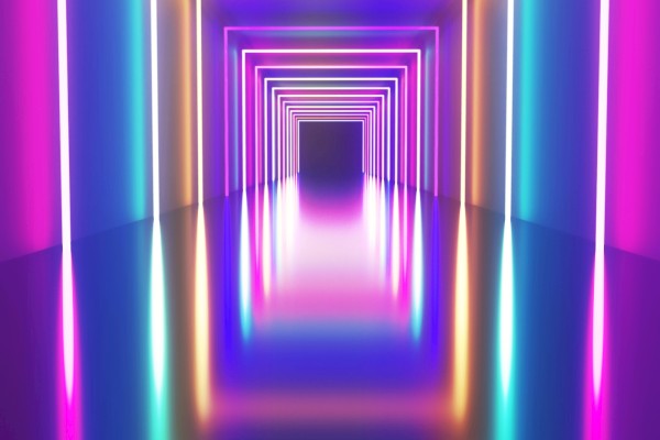A neon-lit tunnel of glowing pink, purple, blue, and orange frames receding into a bright square portal at the end, with reflective glossy floor.