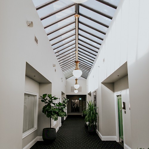 A corridor with a glass ceiling, pendant lights, and green plants lining the sides, leading to an entrance.