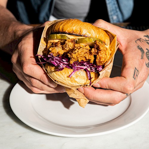 A person holding a fried chicken sandwich with pickles and purple slaw in a bun, wrapped in paper, over a white plate.