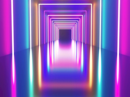 A futuristic neon-lit tunnel with glowing pink, purple, blue, and yellow bars lining a reflective floor, receding into a bright vanishing point.