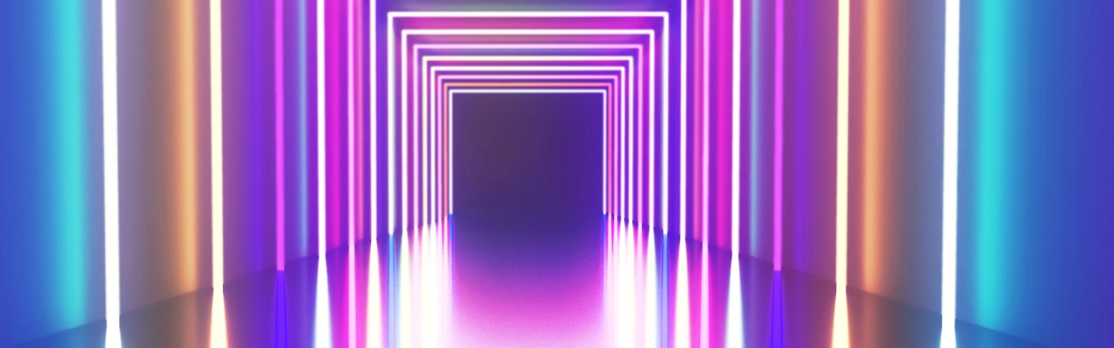 A neon-lit futuristic tunnel with glowing purple, pink, blue, and gold edges forming a reflective, endless corridor.