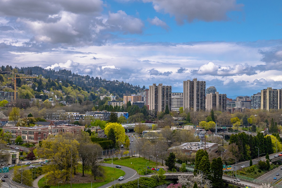 A cityscape with tall buildings, trees, roads, and hills under a partly cloudy sky.