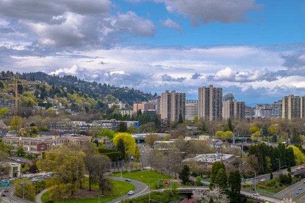 A cityscape with tall buildings, trees, and roads under a cloudy blue sky in a vibrant urban area.
