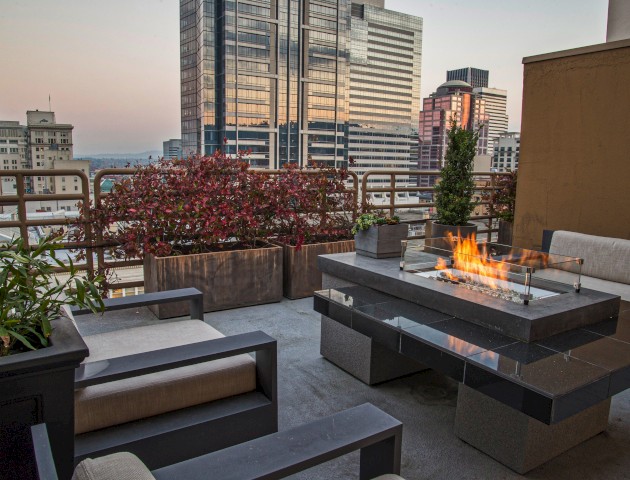 An urban rooftop patio with modern furniture, potted plants, and a central fire feature overlooking tall city buildings.