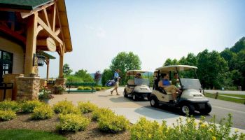 People are at a golf course with golf carts and a clubhouse, surrounded by greenery and landscaping with yellow flowers, on a clear day.