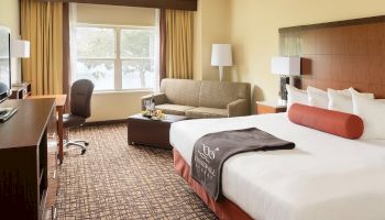 A well-lit hotel room with a king-sized bed, sofa, desk chair, TV, and a window with curtains. The room features a modern decor style.