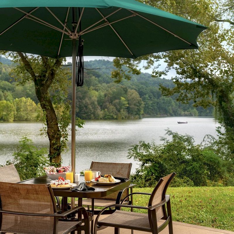 An outdoor dining setting with a green umbrella, table, and food overlooking a lake surrounded by greenery and trees in the background, ending the sentence.