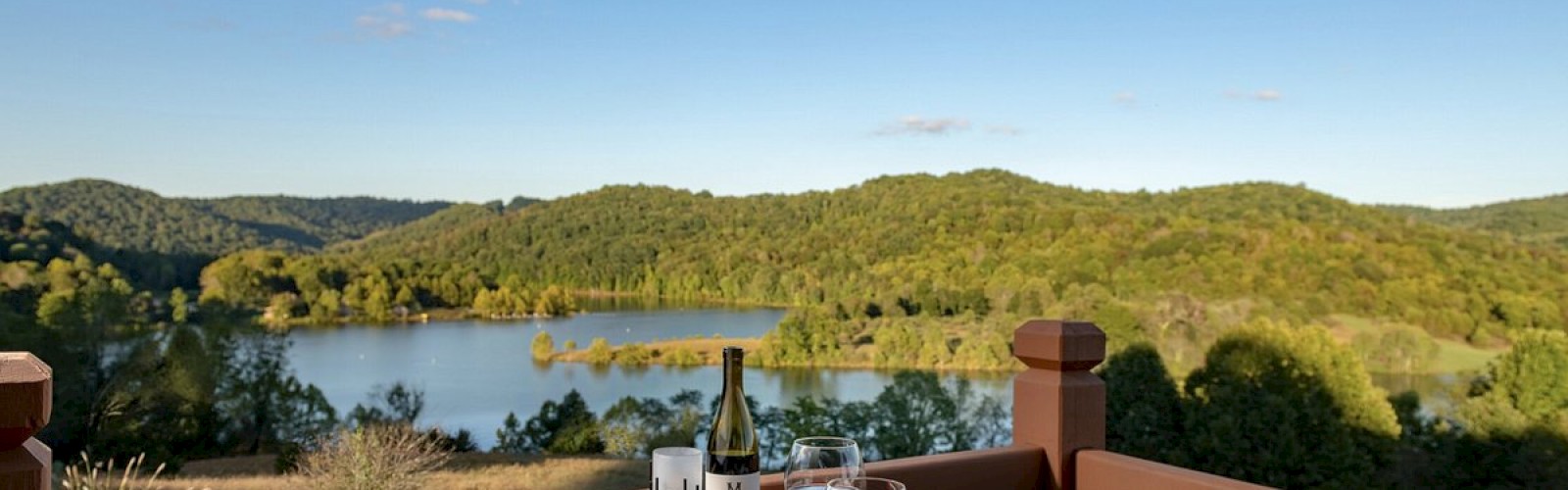 A wooden table with meals, drinks, and cutlery, overlooking a scenic lake and forested hills under a clear blue sky, creating a serene ambiance.